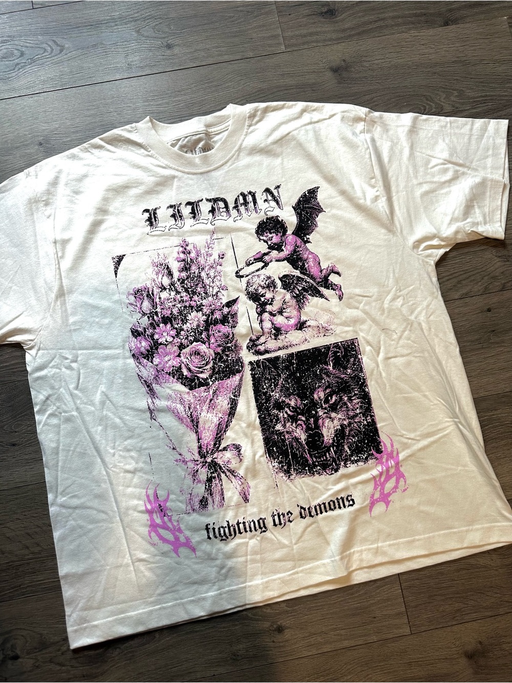 White Short-Sleeve Graphic Tee with Purple Floral & Cherub Print